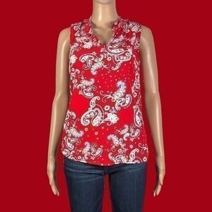 Talbots Red Paisley Print Ruffled Neckline Sleeveless Top Size Small - "Carrol"